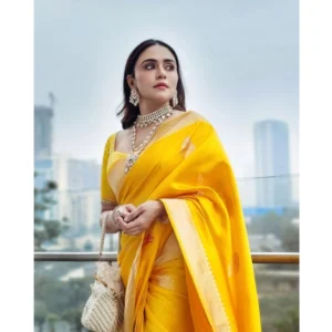 Generic Women's Silk Printed Saree With Unstitched Blouse 5.5Mtr (Yellow)