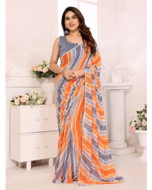 Generic Women's Small Lace Georgette Striped Ready-to-Wear Saree With Unstitched Blouse 5.5 Mtr (Grey)