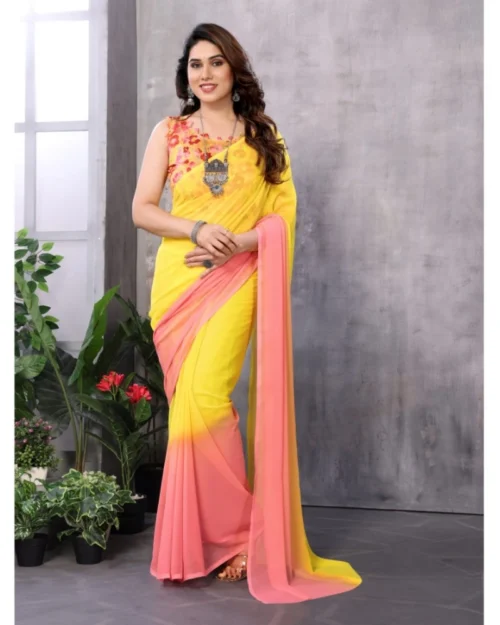 Generic Women's Small Lace Georgette Solid Ready-to-Wear Saree With Unstitched Blouse 5.5 Mtr (Pink-Yellow)