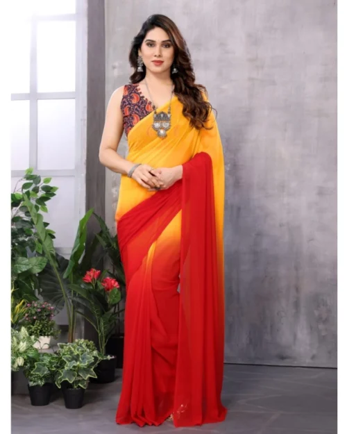Generic Women's Small Lace Georgette Solid Ready-to-Wear Saree With Unstitched Blouse 5.5 Mtr (Red-Orange)