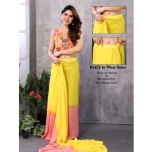 Generic Women's Small Lace Georgette Solid Ready-to-Wear Saree With Unstitched Blouse 5.5 Mtr (Pink-Yellow)