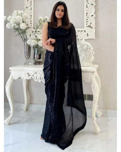 Generic Women's Georgette Embellished Sequnece Bollywood Saree With Unstitched Blouse 5.5Mtr (Black)