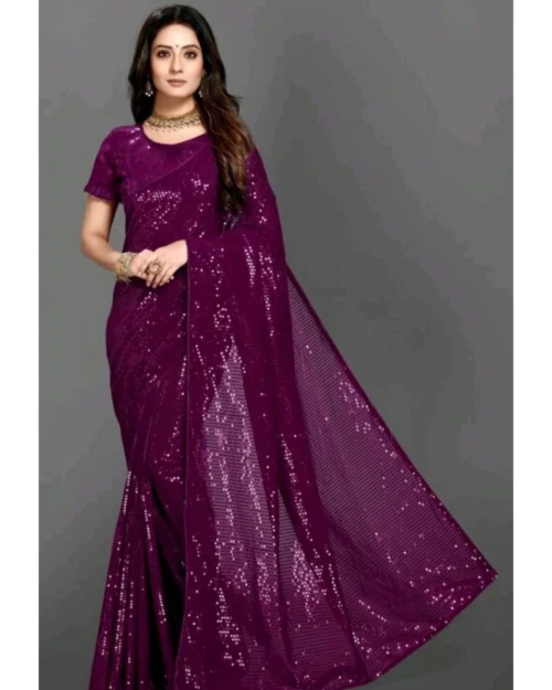 Generic Women's Georgette Embellished Sequnece Bollywood Saree With Unstitched Blouse 5.5Mtr (Purple)