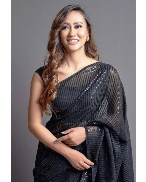 Generic Women's Georgette Embellished Sequnece Bollywood Saree With Unstitched Blouse 5.5Mtr (Black)