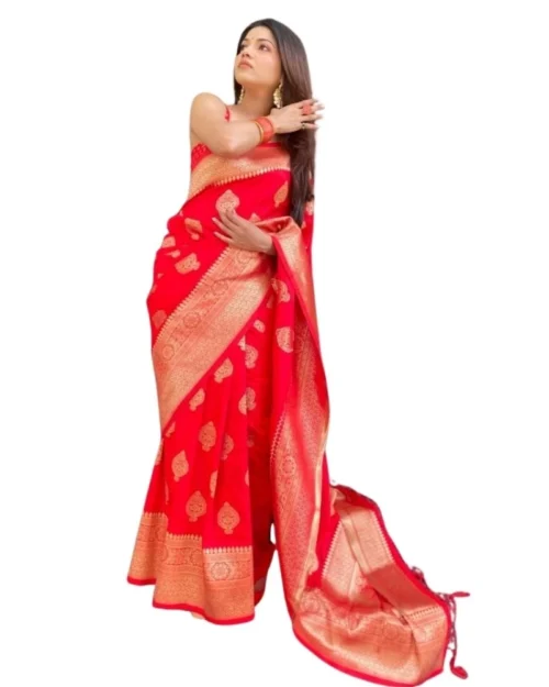 Generic Women's Silk Printed Saree With Unstitched Blouse 5.5Mtr (Red)