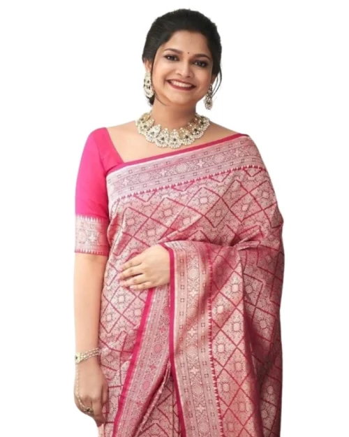 Generic Women's Silk Printed Saree With Unstitched Blouse 5.5Mtr (Pink)