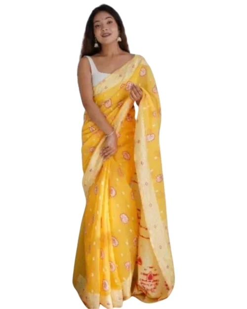 Generic Women's Cotton  Printed Saree With Unstitched Blouse 5.5Mtr (Yellow)