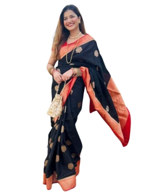 Generic Women's Silk Printed Saree With Unstitched Blouse 5.5Mtr (Black-Red)