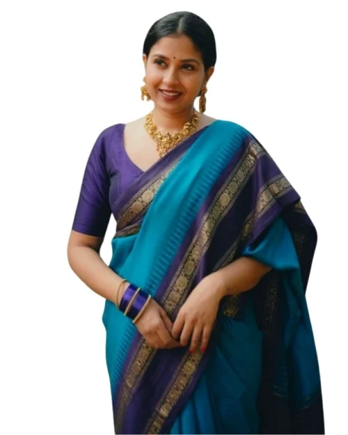 Generic Women's Silk Printed Saree With Unstitched Blouse 5.5Mtr (Blue)