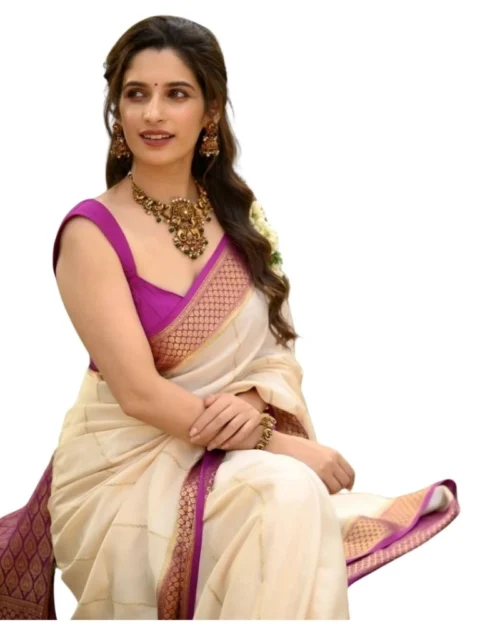 Generic Women's Silk Printed Saree With Unstitched Blouse 5.5Mtr (Off White-Pink)