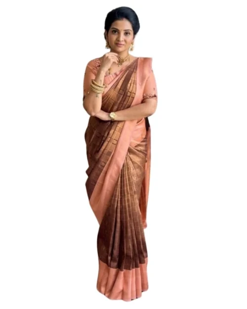 Generic Women's Silk Printed Saree With Unstitched Blouse 5.5Mtr (Brown)