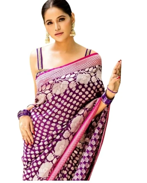Generic Women's Silk Printed Saree With Unstitched Blouse 5.5Mtr (Purple)