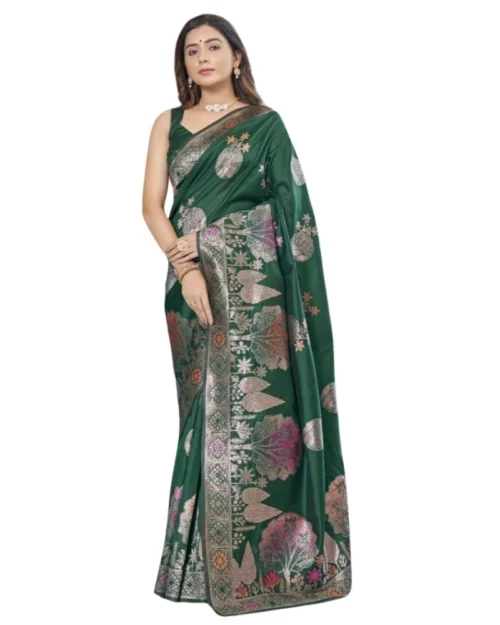 Generic Women's Silk Printed Saree With Unstitched Blouse 5.5Mtr (Green)