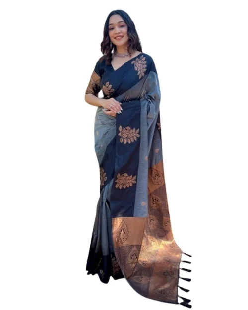 Generic Women's Silk Printed Saree With Unstitched Blouse 5.5Mtr (Grey)