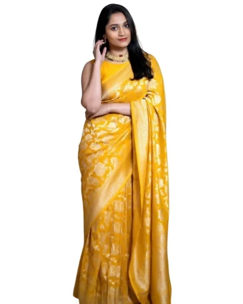 Generic Women's Silk Printed Saree With Unstitched Blouse 5.5Mtr (Yellow)