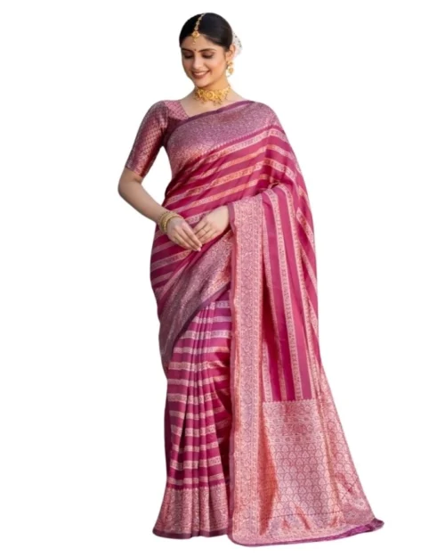 Generic Women's Silk Printed Saree With Unstitched Blouse 5.5Mtr (Pink)