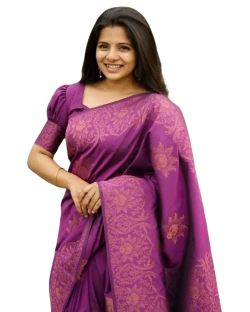 Generic Women's Silk Printed Saree With Unstitched Blouse 5.5Mtr (Purple)