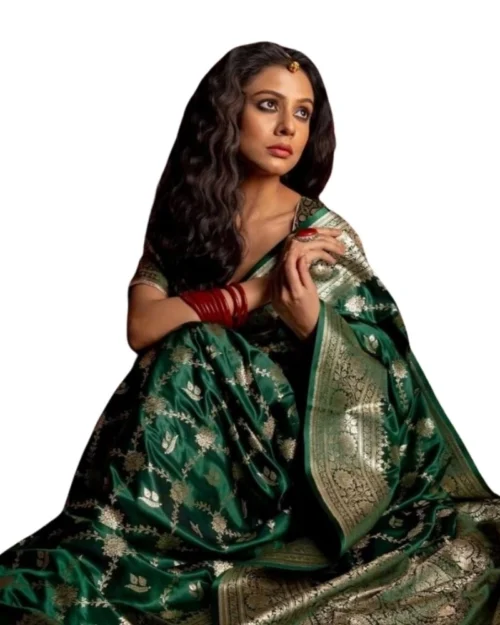 Generic Women's Silk Printed Saree With Unstitched Blouse 5.5Mtr (Dark Green)