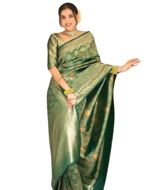 Generic Women's Silk Printed Saree With Unstitched Blouse 5.5Mtr (Green)