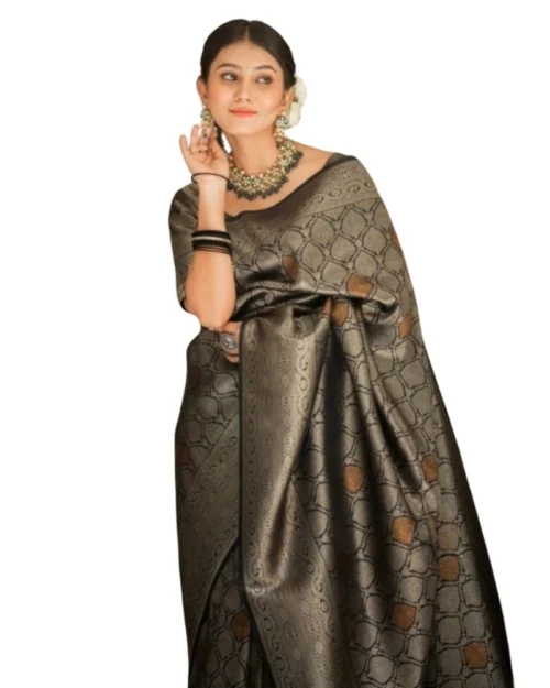 Generic Women's Silk Printed Saree With Unstitched Blouse 5.5Mtr (Black)