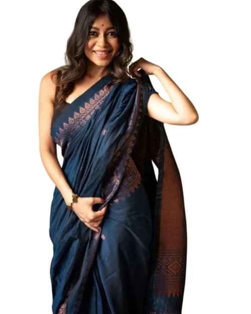 Generic Women's Silk Printed Saree With Unstitched Blouse 5.5Mtr (Navy Blue)