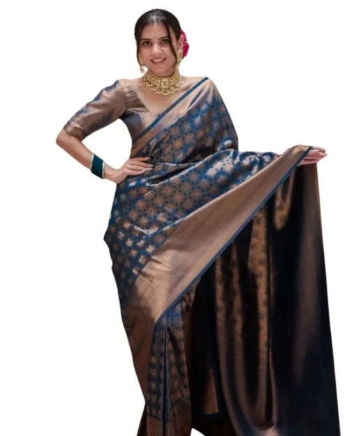Generic Women's Silk Printed Saree With Unstitched Blouse 5.5Mtr (Blue)