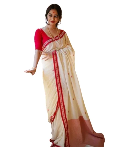 Generic Women's Cotton  Printed Saree With Unstitched Blouse 5.5Mtr (White)