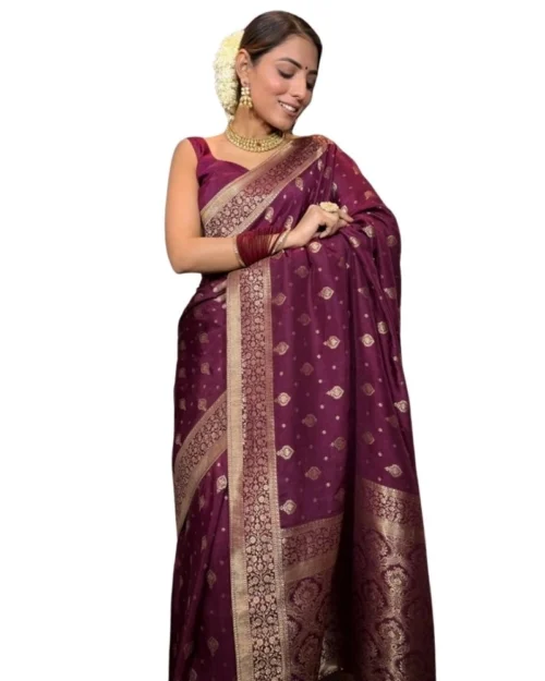 Generic Women's Silk Printed Saree With Unstitched Blouse 5.5Mtr (Wine)