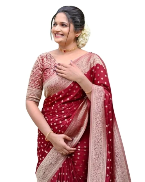 Generic Women's Silk Printed Saree With Unstitched Blouse 5.5Mtr (Maroon)