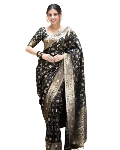 Generic Women's Silk Printed Saree With Unstitched Blouse 5.5Mtr (Black)