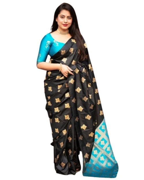 Generic Women's Silk Printed Saree With Unstitched Blouse 5.5Mtr (Sky Blue)