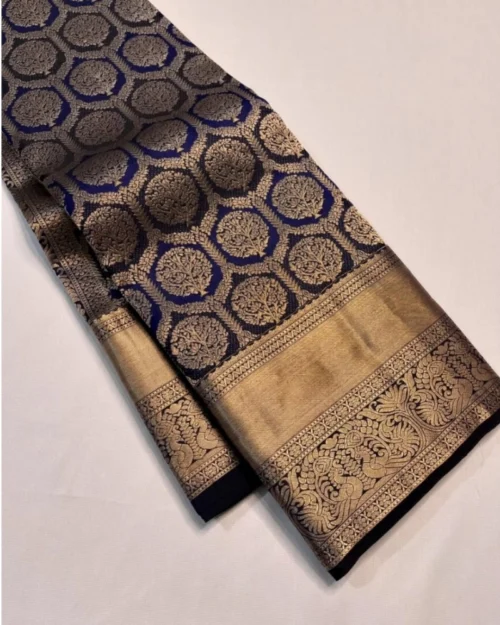Generic Women's Silk Printed Saree With Unstitched Blouse 5.5Mtr (Navy Blue)