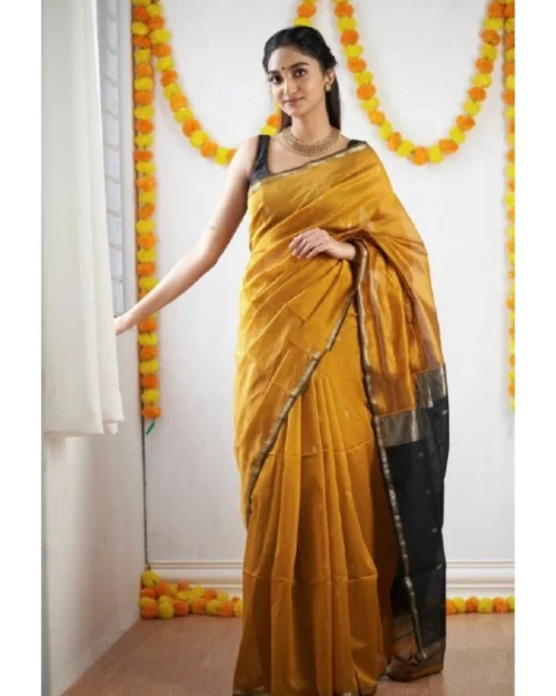 Generic Women's Cotton  Printed Saree With Unstitched Blouse 5.5Mtr (Yellow)