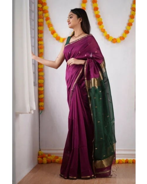 Generic Women's Cotton  Printed Saree With Unstitched Blouse 5.5Mtr (Wine)