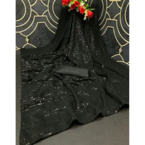 Generic Women's Georgette Embellished Sequnece Bollywood Saree With Unstitched Blouse 5.5Mtr (Black)