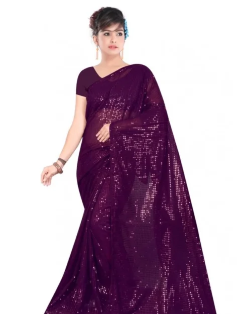 Generic Women's Georgette Embellished Sequnece Bollywood Saree With Unstitched Blouse 5.5Mtr (Purple)