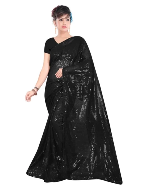 Generic Women's Georgette Embellished Sequnece Bollywood Saree With Unstitched Blouse 5.5Mtr (Black)