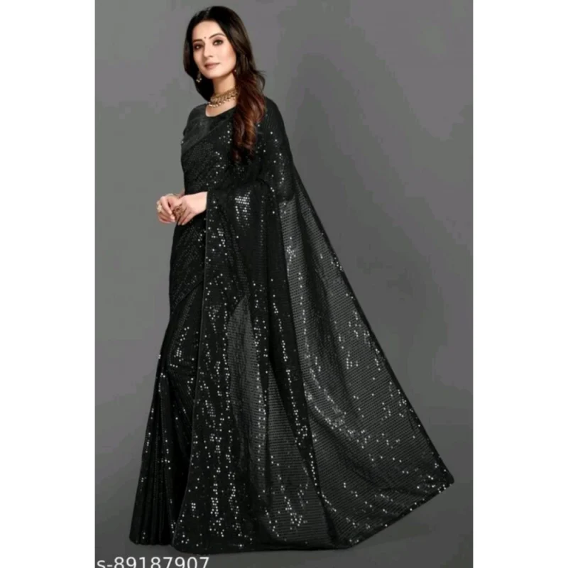 Generic Women's Georgette Embellished Sequnece Bollywood Saree With Unstitched Blouse 5.5Mtr (Black)