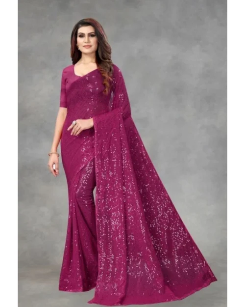 Generic Women's Georgette Embellished Sequnece Bollywood Saree With Unstitched Blouse 5.5Mtr (Purple)