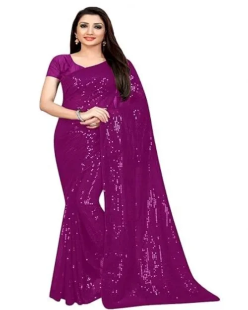 Generic Women's Georgette Embellished Sequnece Bollywood Saree With Unstitched Blouse 5.5Mtr (Purple)