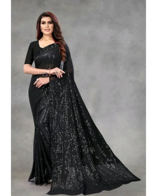 Generic Women's Georgette Embellished Sequnece Bollywood Saree With Unstitched Blouse 5.5Mtr (Black)
