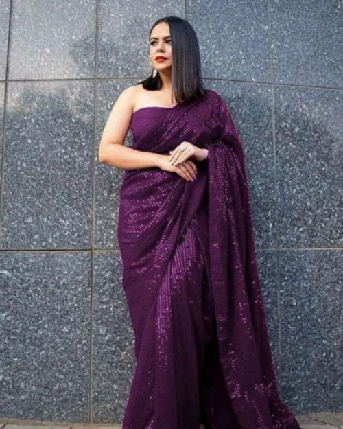 Generic Women's Georgette Embellished Sequnece Bollywood Saree With Unstitched Blouse 5.5Mtr (Purple)