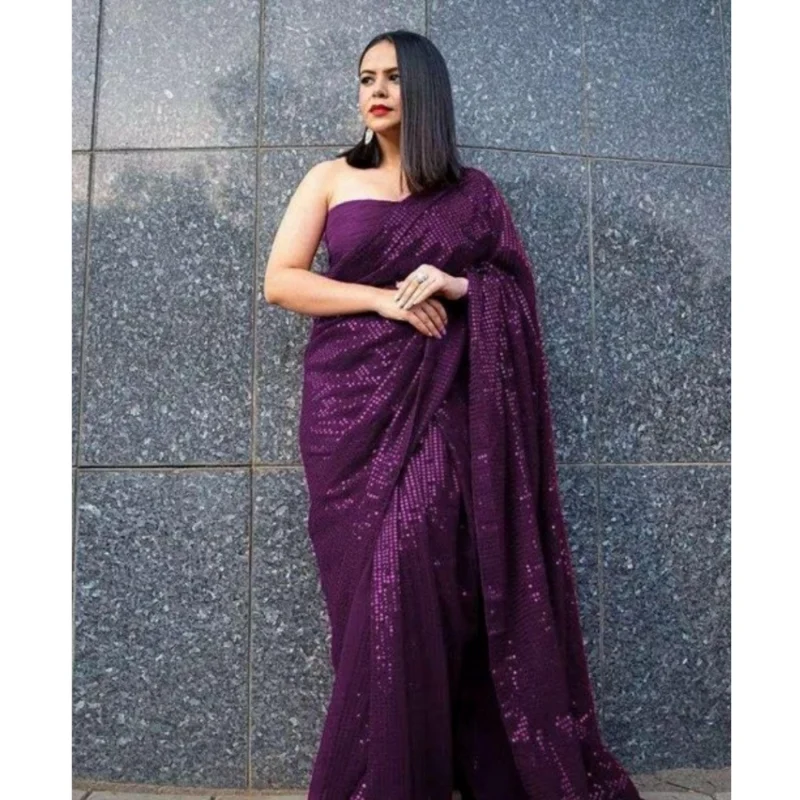 54465537744_42458da516_o_d-1000x1000-1.webp Generic Women's Georgette Embellished Sequnece Bollywood Saree With Unstitched Blouse 5.5Mtr (Purple)