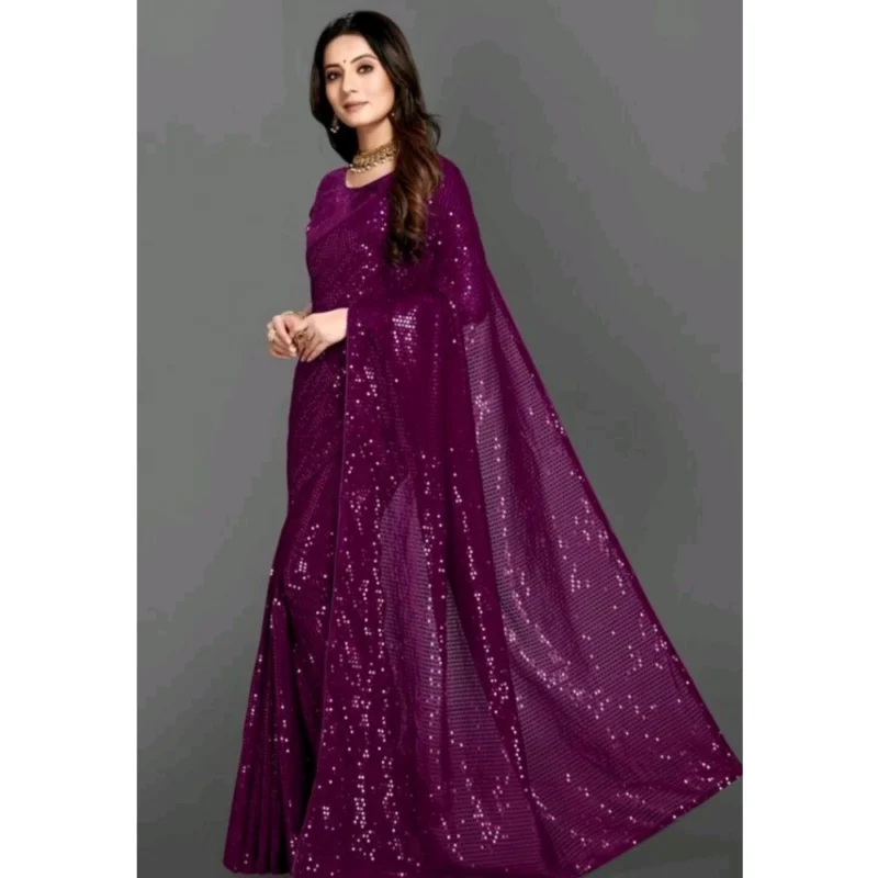 Generic Women's Georgette Embellished Sequnece Bollywood Saree With Unstitched Blouse 5.5Mtr (Purple)