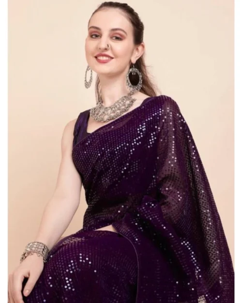 Generic Women's Georgette Embellished Sequnece Bollywood Saree With Unstitched Blouse 5.5Mtr (Purple)
