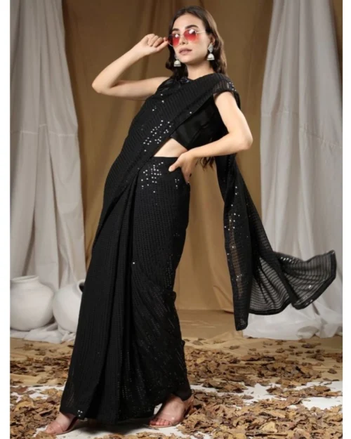 Generic Women's Georgette Embellished Sequnece Bollywood Saree With Unstitched Blouse 5.5Mtr (Black)