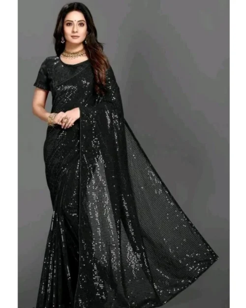 Generic Women's Georgette Embellished Sequnece Bollywood Saree With Unstitched Blouse 5.5Mtr (Black)