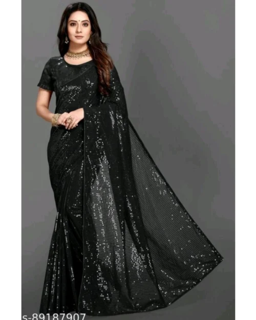 Generic Women's Georgette Embellished Sequnece Bollywood Saree With Unstitched Blouse 5.5Mtr (Black)