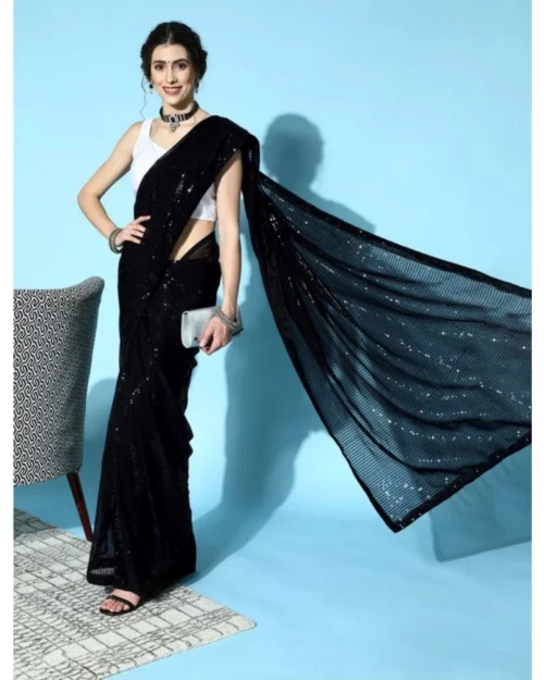 Generic Women's Georgette Embellished Sequnece Bollywood Saree With Unstitched Blouse 5.5Mtr (Black)