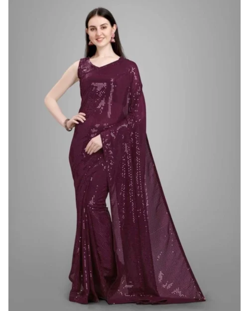 Generic Women's Georgette Embellished Sequnece Bollywood Saree With Unstitched Blouse 5.5Mtr (Purple)